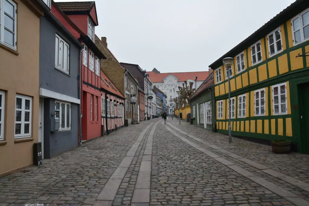 Cobblestone street lined with traditional colorful houses in Horsens, Denmark, showcasing Scandinavian architecture and cultural heritage.